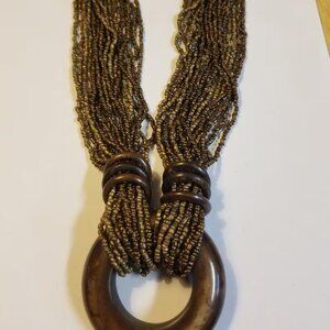 Vintage bronze Seed Beaded Necklace with Resin Wood Accents